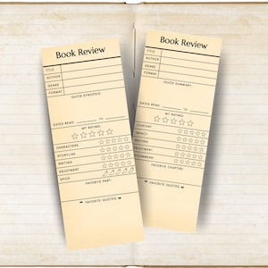 Bladwijzer boekrecensie, afdrukbare leeslijsttracker, cadeau-idee boekenliefhebber, boekenclubnotitiekaart, bibliotheekkaartstijlbeoordeling bladwijzers