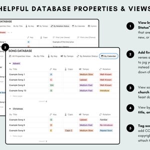 Music Ministry Dashboard Notion Template: Helpful database properties and views also allow you to add the first line of the verse or chorus of a song to easily jog your memory, CCLI and publisher info, and more.