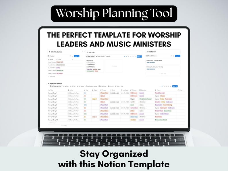 Music Ministry Dashboard Notion Template: Worship planning tool that is a perfect template for worship leader and music ministries; helpful in staying organized using Notion.