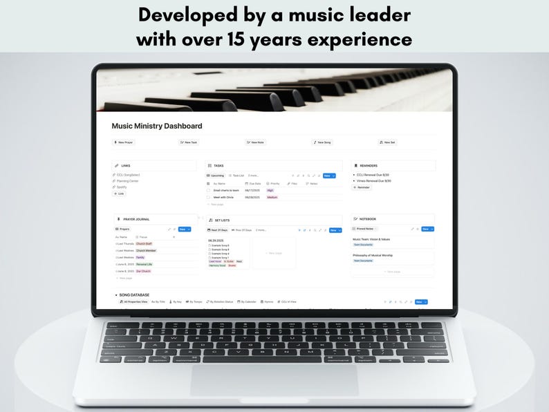 Music Ministry Dashboard Notion Template: Developed by a music leader with over 15 years experience.