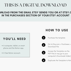 Music Ministry Dashboard Notion Template: Note that this a digital download. You can download it from the email Etsy send you after ordering or at Etsy.com in the purchases section of your Etsy account. You'll need a computer, tablet, or phone, and a free Notion account (you can make one!) Access the template by tapping the link in the PDF file you receive after purchase, then duplicate the template to your Notion account.