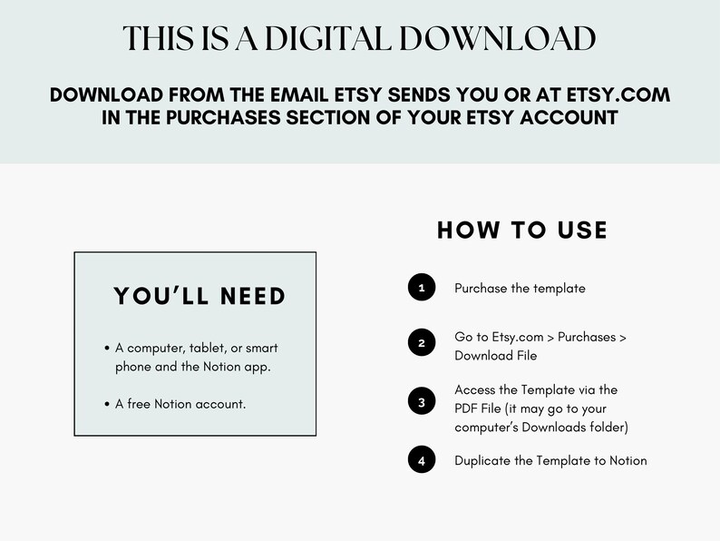 Music Ministry Dashboard Notion Template: Note that this a digital download. You can download it from the email Etsy send you after ordering or at Etsy.com in the purchases section of your Etsy account. You'll need a computer, tablet, or phone, and a free Notion account (you can make one!) Access the template by tapping the link in the PDF file you receive after purchase, then duplicate the template to your Notion account.