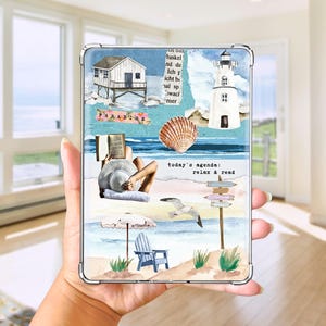 May include: A beach-themed collage featuring a white lighthouse, a small house on stilts, a seashell, and a person reading. The words "today's agenda: relax & read" are also visible. The overall color scheme is blue, white, and beige.