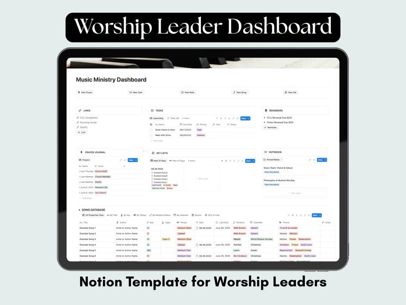 Music Ministry Dashboard - Full view of this Notion Template for Worship Leaders. Created to help worship leaders plan and prepare with intentionality and prayerfulness.