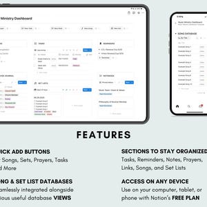 Music Ministry Dashboard Notion Template: Features include quick add buttons for songs, sets, prayers, tasks and more; Sections to stay organized; Song & Set List Databases; Accessible on your computer, tablet or smart phone with Notion's free plan.