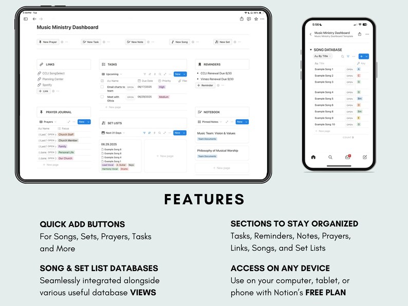 Music Ministry Dashboard Notion Template: Features include quick add buttons for songs, sets, prayers, tasks and more; Sections to stay organized; Song & Set List Databases; Accessible on your computer, tablet or smart phone with Notion's free plan.