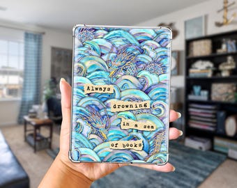 Kindle Insert for Clear Case: Water Dragon, Ocean, Drowning in Books Theme for Paperwhite, Scribe, Oasis, Colorsoft, Basic