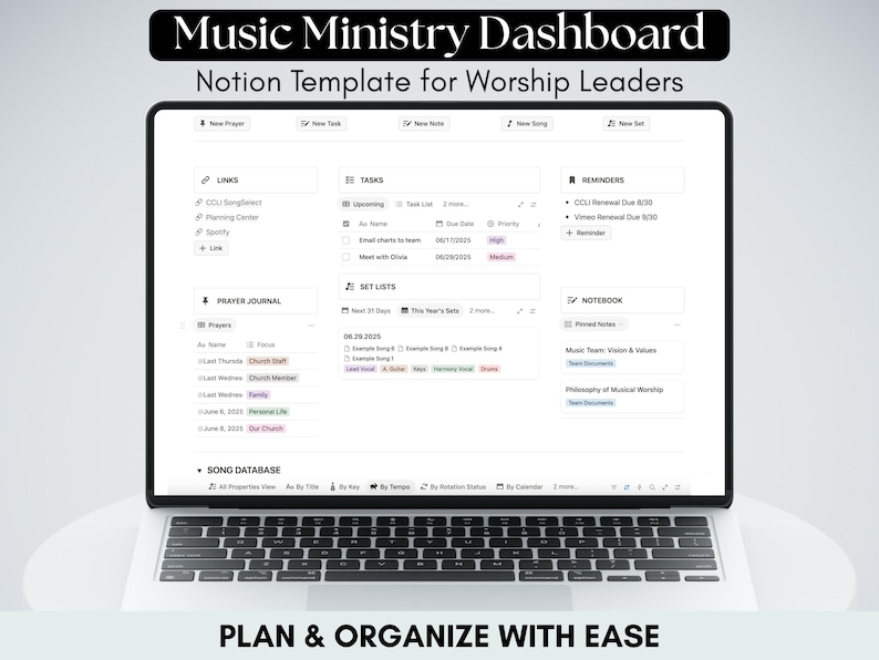 Music Ministry Dashboard - Notion Template for Worship Leaders: Plan and Organize with Ease