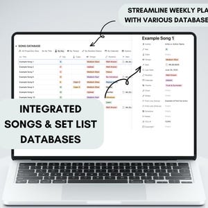 Music Ministry Dashboard Notion Template: Includes integrated songs and set list databases and streamline weekly planning with various database views.