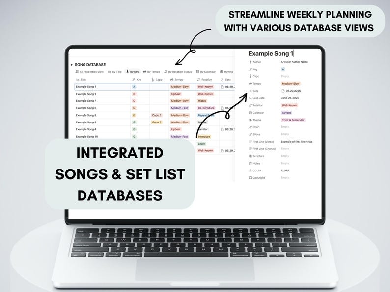 Music Ministry Dashboard Notion Template: Includes integrated songs and set list databases and streamline weekly planning with various database views.