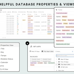 Music Ministry Dashboard Notion Template: Helpful database properties and views including song themes, set lists for the next 30 days, song database views by title, key, tempo, liturgical and church calendar, and rotation status (new, familiar, and songs to learn, etc.)