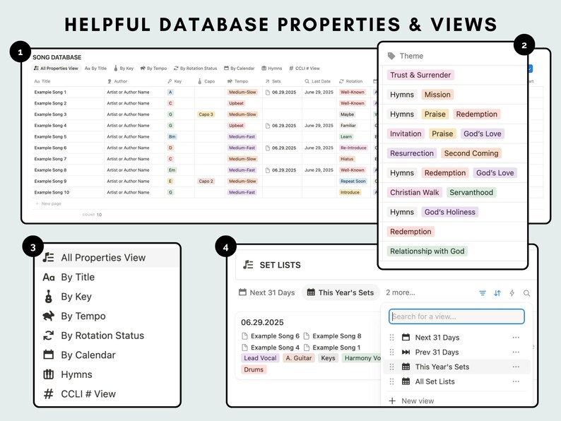 Music Ministry Dashboard Notion Template: Helpful database properties and views including song themes, set lists for the next 30 days, song database views by title, key, tempo, liturgical and church calendar, and rotation status (new, familiar, and songs to learn, etc.)