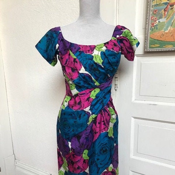 1950s Ceil Champman Floral Silk Wiggle Dress
