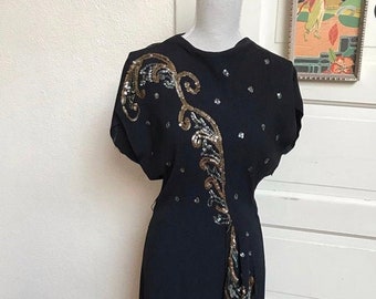 1940s Sequined Black Crepe Old Hollywood Glamour Gown