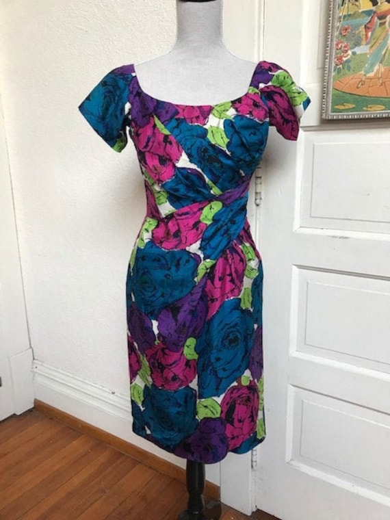 1950s Ceil Champman Floral Silk Wiggle Dress