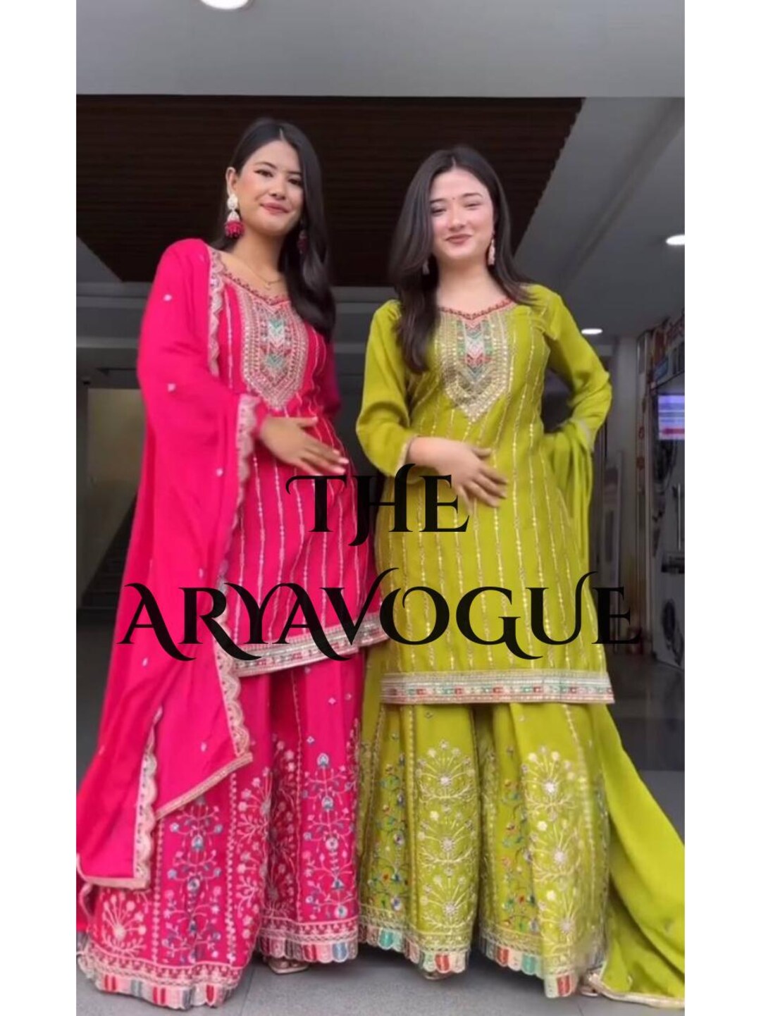 Embroidered Pakistani Gharara Suit: Hot Pink & Olive Green Sharara - Etsy