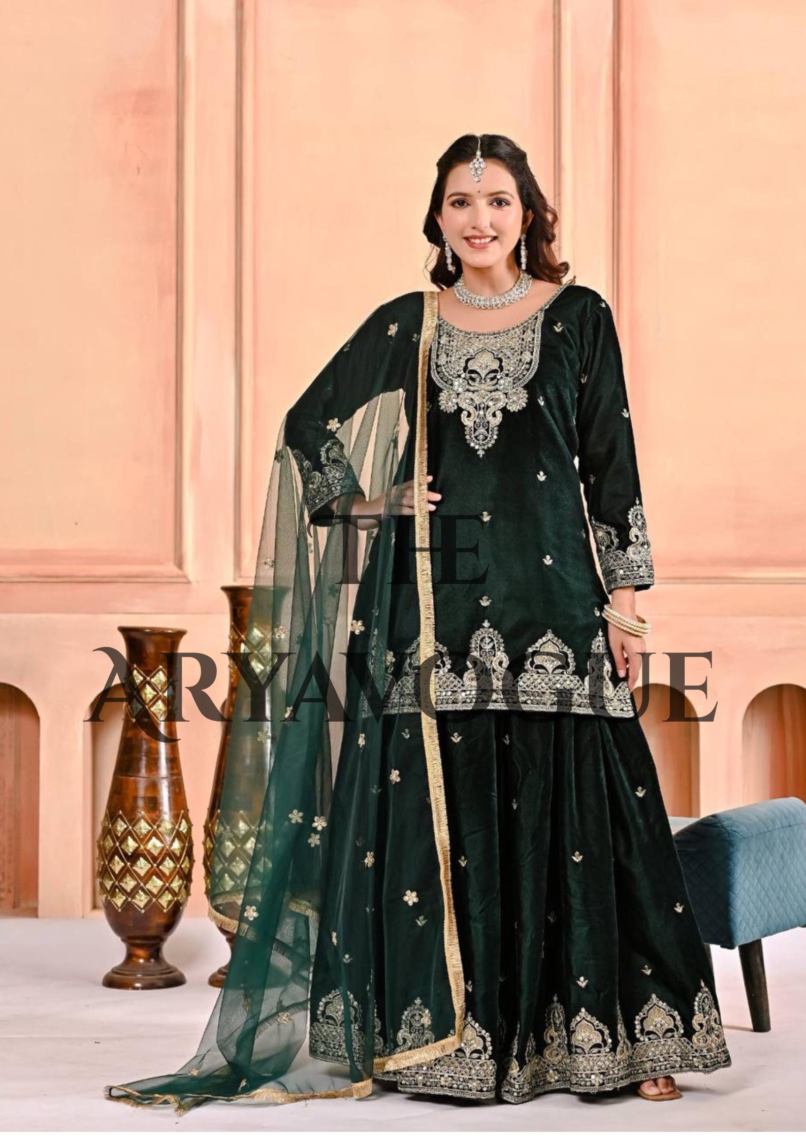 green emerald velvet dress Buy Sharara Suit In UK main image 1