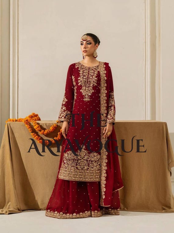 Maroon Embroidered Shalwar Kameez: Georgette Pakistani/Indian Outfit