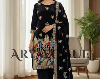 Black Velvet Embroidered Pakistani Suit Heavy Multicolor Thread Work Dress • Ethnic Party Wear Outfit