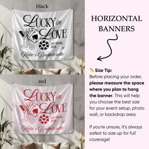 May include: Two horizontal banners, one black and one red, with the text "LUCKY in LOVE" and "LAS VEGAS, 2026". The banners also feature illustrations of playing cards, dice, and a cocktail. The text "Katie's Bachelorette" is also included.