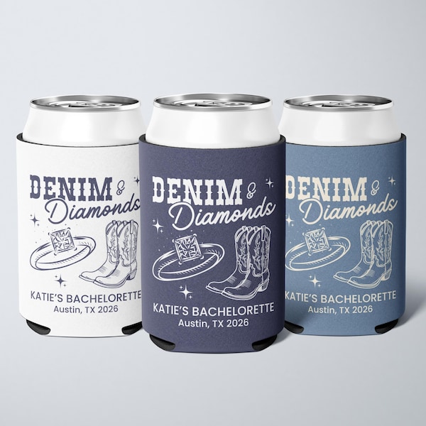 Denim und Diamanten Dosenkühler, personalisierte westliche Bachelorette Party Favor, Cowgirl Bach-Dekorationen, individuelles Brautduschengeschenk