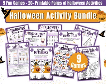 Peut inclure: Un ensemble d'activités d'Halloween avec 9 jeux et plus de 20 pages imprimables. Comprend le bingo d'Halloween, des jeux de recherche de mots, des jeux d'orthographe et des feuilles à colorier. Le design présente des citrouilles, des fantômes et des chapeaux de sorcière.