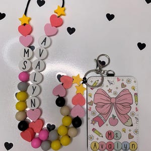 Personalized Teacher ID Badge Holder | Cute Pencil Design with Name | Custom Beaded Lanyard Accessory | Back to School Staff Gift