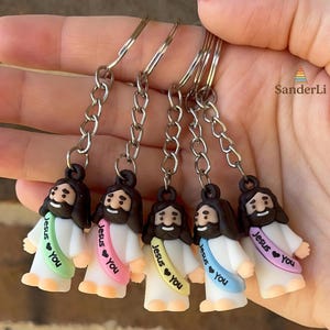 Little Jesus Figurine Keychains | Mini Jesus Keychain | Cute Pastel “Jesus Loves You” Gift | Mini Christian Keychain | Faith Accessories