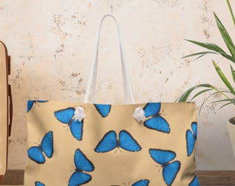Weekender Bag, ButterflyTote Bag, Original Art Aesthetic Tote Bag, Blue Butterfly Bag, Blue Morpho Weekend Tote Bag, Butterfly gifts
