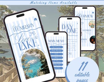 Plantilla de itinerario de despedida de soltera "Amor en el lago", planificador de fin de semana editable, invitación digital, itinerario de viaje de chicas, Canva, LOL01