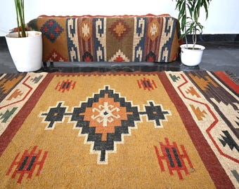 Ręcznie tkany dywan z juty wełnianej, wystrój salonu Boho, dywanik Kilim, dywanik do przedpokoju, dywanik z juty Kilim