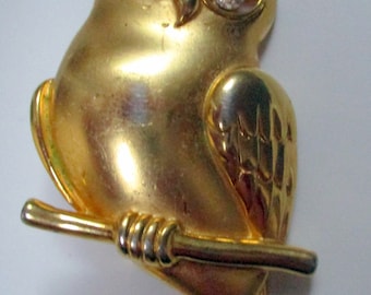 Vintage JJ Jonette Owl Pin – Gold Tone Bird Brooch with Crystal Eyes