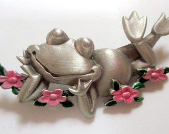 Vintage JJ Frog Pin with Flowers-Jonette Jewelry Brooch-Unique gift collectible-Made in  USA