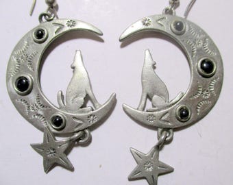 Vintage JJ Jonette Earrings , Howling Coyote Moon,  Made in the USA