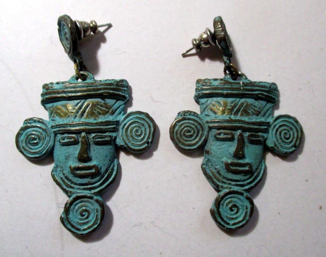 Vintage Pewter Tribal Mask Earrings - JJ Jonette Jewelry - Etsy