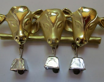 Vintage AJC pin Cow-unique gift- Animal Jewelry-made in the USA-Cow bells-Vintage brooch