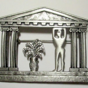Vintage Pin JJ- Man with plant in Greek temple- Very unusual- Unique gift- Jonette Jewelry brooch collectible- made in the USA