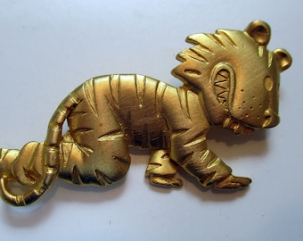 Vintage JJ Tiger Boy Pin Brooch: Gold Tone Pewter, Made in USA