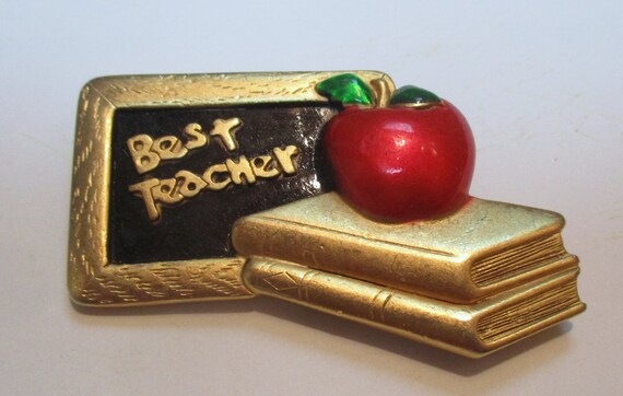 Vintage AJC Teacher Pin – Apple, Books, Chalkboard, USA Made