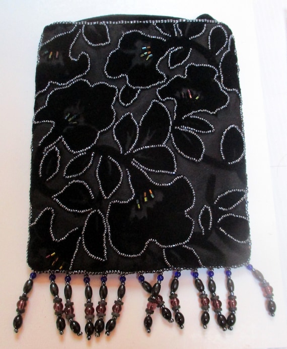 Vintage Velvet Beaded Purse-Black Velvet Purse-Un… - image 1