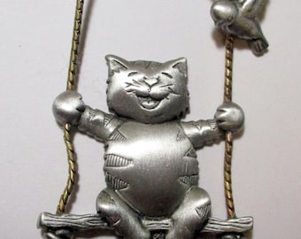 JJ Cat on a swing Pin-Unique gift for cat lover- Jonette Jewelrly- made in the USA