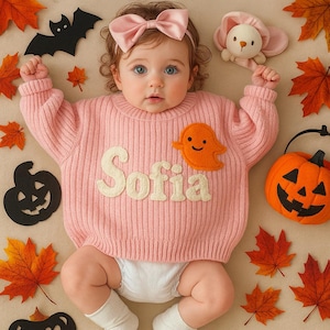 Happy Halloween Personalized Embroidered Name Baby Sweater, Custom Baby Name Sweater, Baby Girls Sweater With Name, Gift For Baby Girls Boy