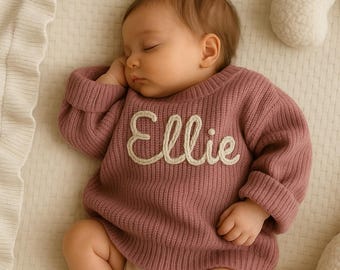 Hand-Embroidered Custom Name Baby Sweater: Personalised Knit, Personalised Holiday Keepsake Jumper for Kids & Babies
