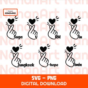 BTS Png Png Finger Herz Bündel | BTS Mitgliedsname Design | Jungkook Jimin V Suga Jin RM J-Hope Digitaler Download | Kpop Cricut Datei