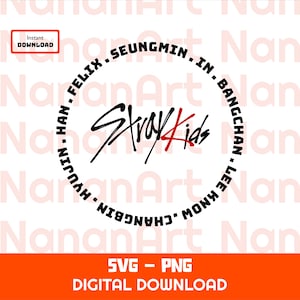 Könnte beinhalten: Eine weiße Grafik mit dem Text "Stray Kids" in einer stilisierten Schriftart, umgeben von den Namen der Bandmitglieder. Das Bild enthält auch die Wörter "Sofort-Download" und "Digitaler Download".