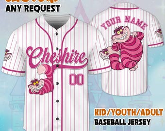 Aangepaste Cheshire Cat baseballtrui, gepersonaliseerde Disney Alice in Wonderland Cheshire Cat jersey voor Disney-fans, Disneyland verjaardagscadeau