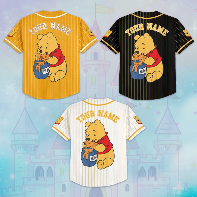 May include: Three baseball jerseys with a cartoon bear design. The jerseys are yellow, black, and white with vertical stripes. Each jersey has the text "YOUR NAME" on the back and a graphic of the bear eating honey.