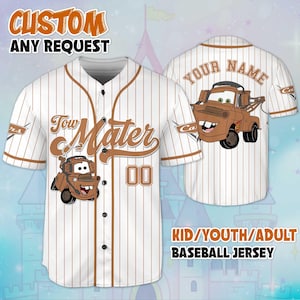 Personalized Disney Tow Mater Baseball Jersey, Custom Disney Cars Sports Jersey for Disney Fans, Disneyland Birthday Gift