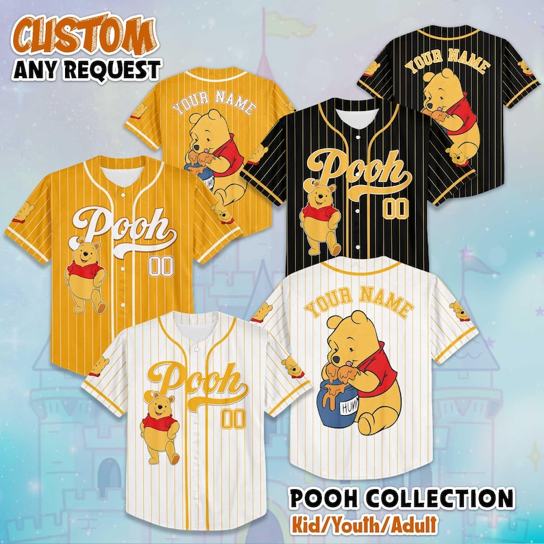May include: Baseball jerseys with Winnie the Pooh designs. The jerseys come in yellow, black, and white with vertical stripes. Each jersey has the word "Pooh" and the number "00" on the front. Some jerseys have "Your Name" on the back.