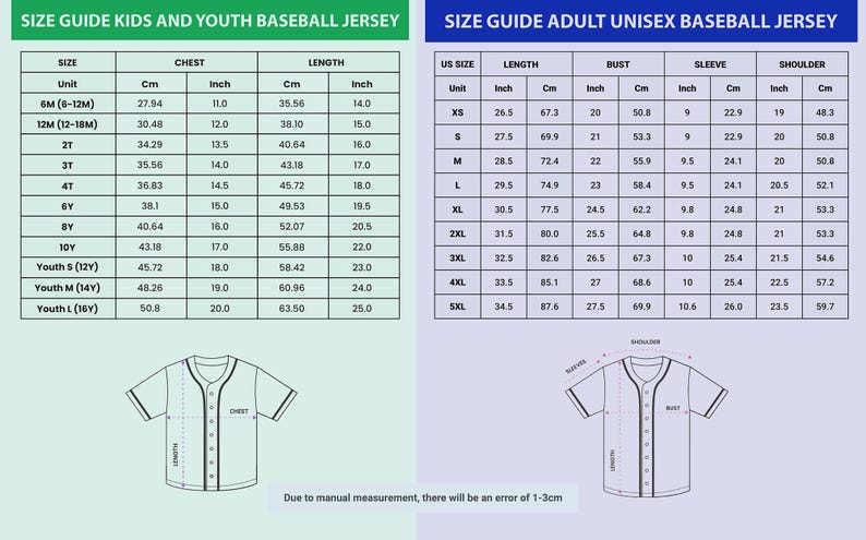 May include: Size guide for kids, youth, and adult unisex baseball jerseys. Includes chest, length, sleeve, and shoulder measurements in cm and inches. Diagrams show where to measure on the jersey.